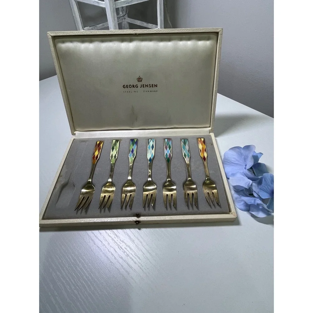 Vintage Georg Jensen Sterling Silver Enamel Harlequin Dessert 7 Forks Denmark